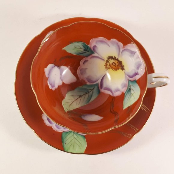RARE !! Kyokuto Orange teacup and saucer with large flower Japan - Picture 4 of 11